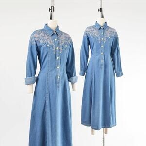 Vintage 90s Denim Embroidered Shirt Dress, Fit and Flare Maxi Dress size S M